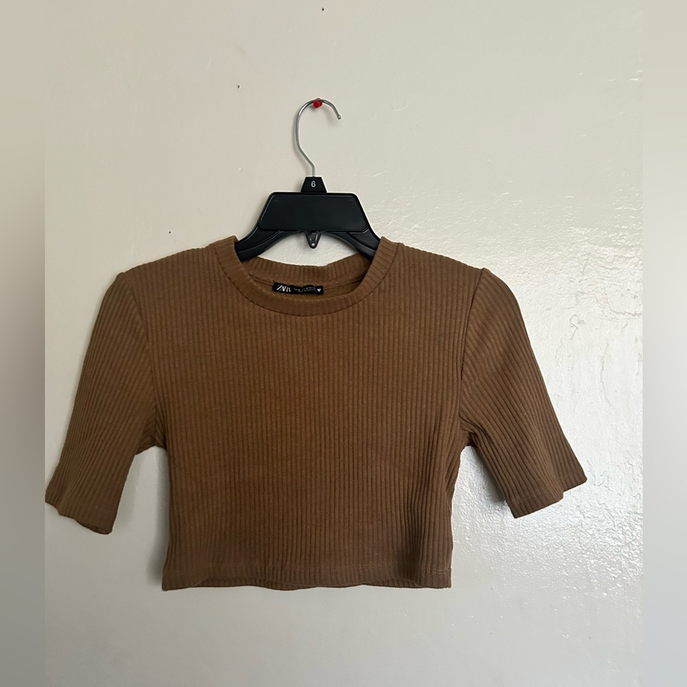 Brown Ribbed Crop Top -Zara